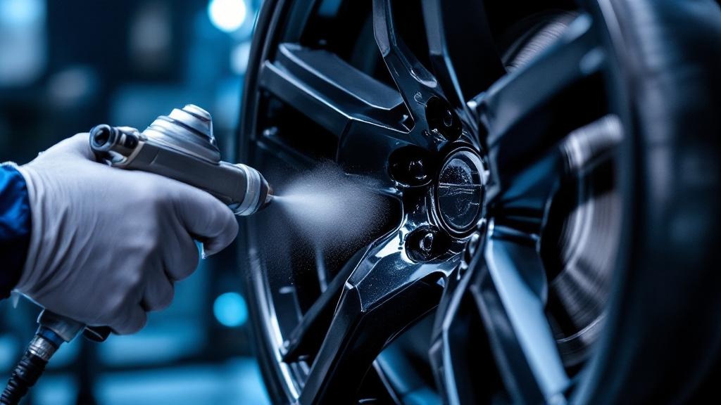 Felgenaufbereitung — gloved Hand lackiert eine Speiche einer Premium-Alufelge mit präziser HVLP-Pistole